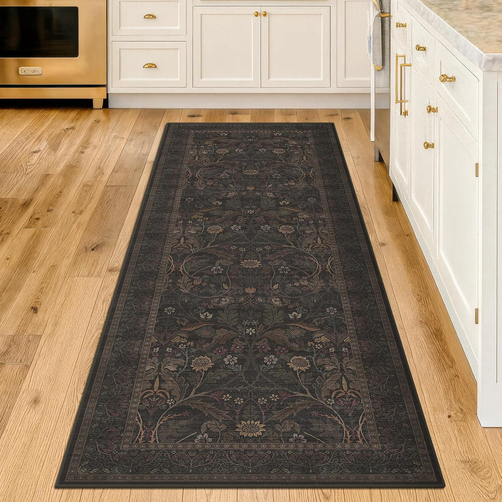 Skiennix Washable 2x6 Kitchen Runner Rug - Non-Slip Dark Brown Floral Design for Farmhouse & Cabin