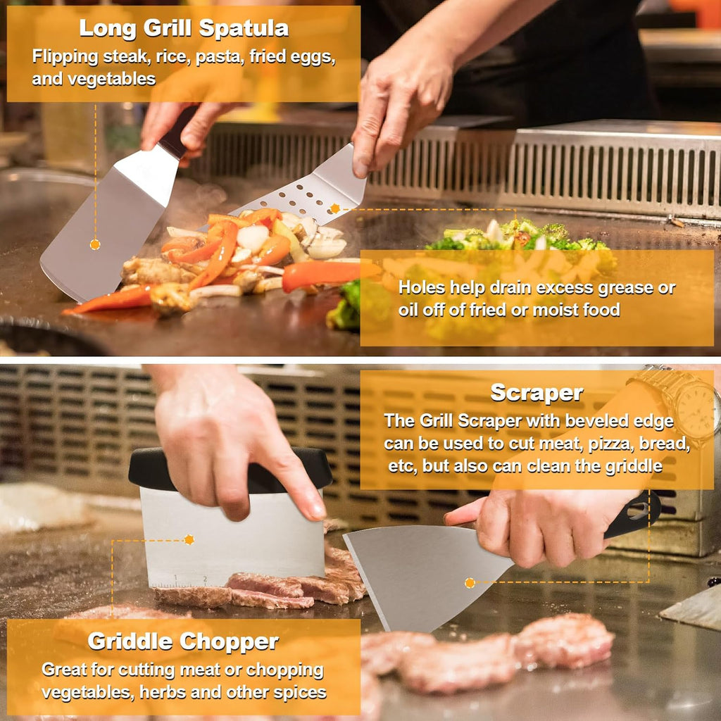 Terlulu Griddle Accessories Kit - 28 PCS Flat Top Grill Set with Spatula, Burger Press & Carry Bag