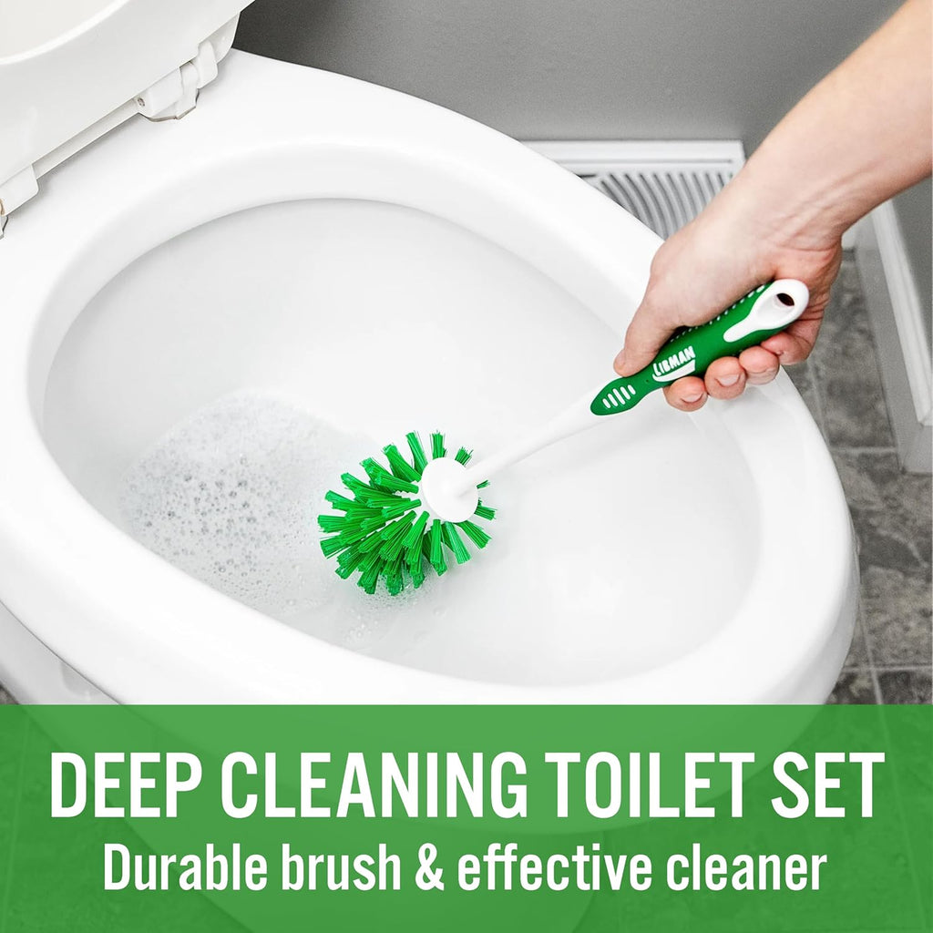 Tribello Toilet Brush and Holder Set - Fast Drying Caddy with 32 fl. oz. Stain Remover Soap