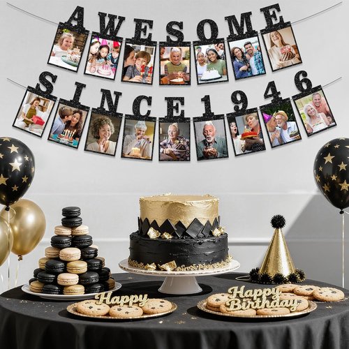 Awesome Since 1946 Photo Banner - Black Glitter 80th Birthday & Anniversary Decorations