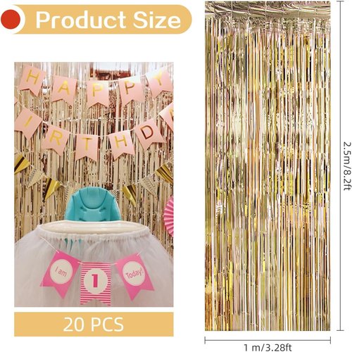 Champagne Gold Foil Curtain Backdrop - 20 Pack 3.2ft x 8.2ft Metallic Tinsel Streamers for Party Decor