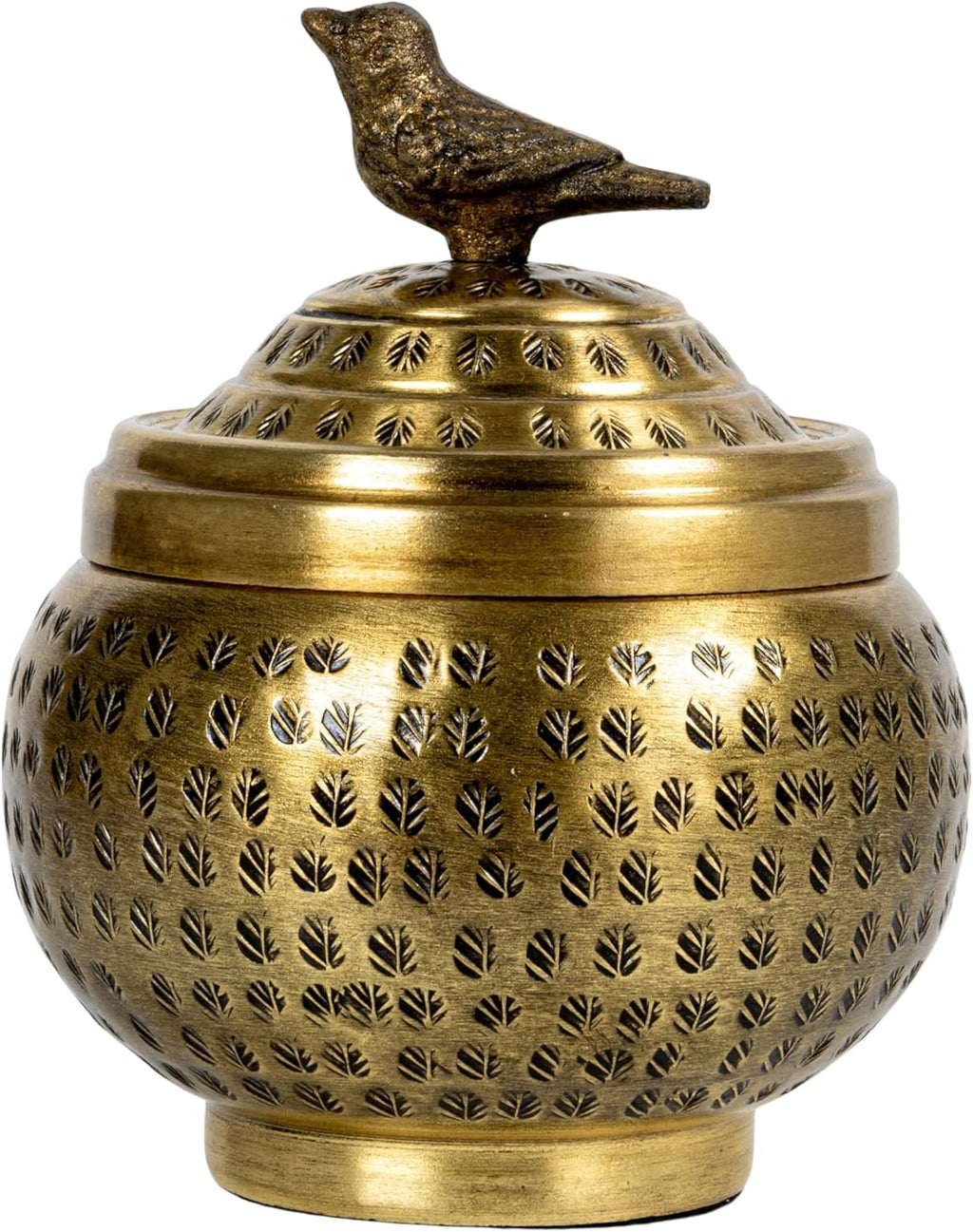 Round Hammered Metal Container - Bird Finial Design in Elegant Brass Finish