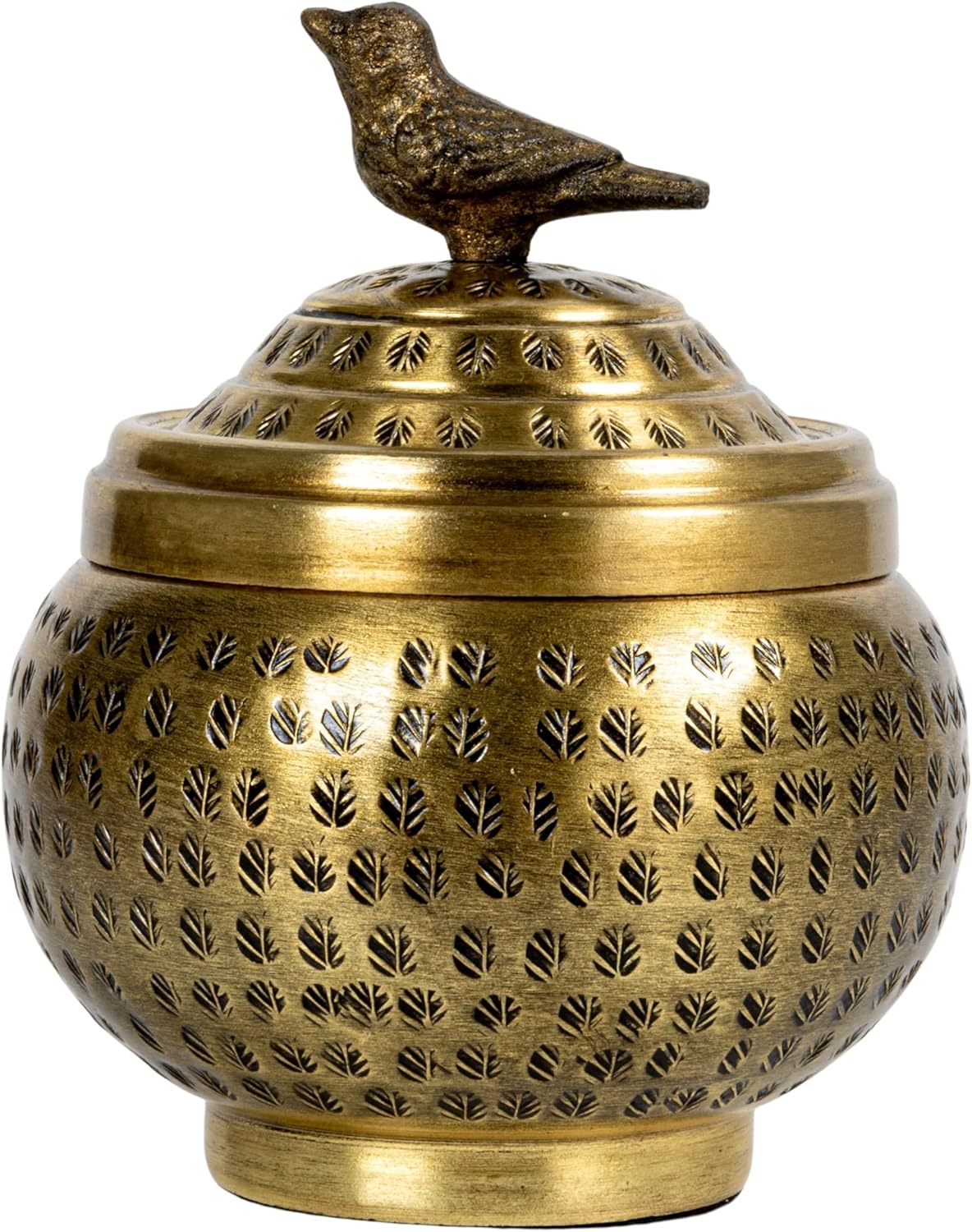 Round Hammered Metal Container - Bird Finial Design in Elegant Brass Finish