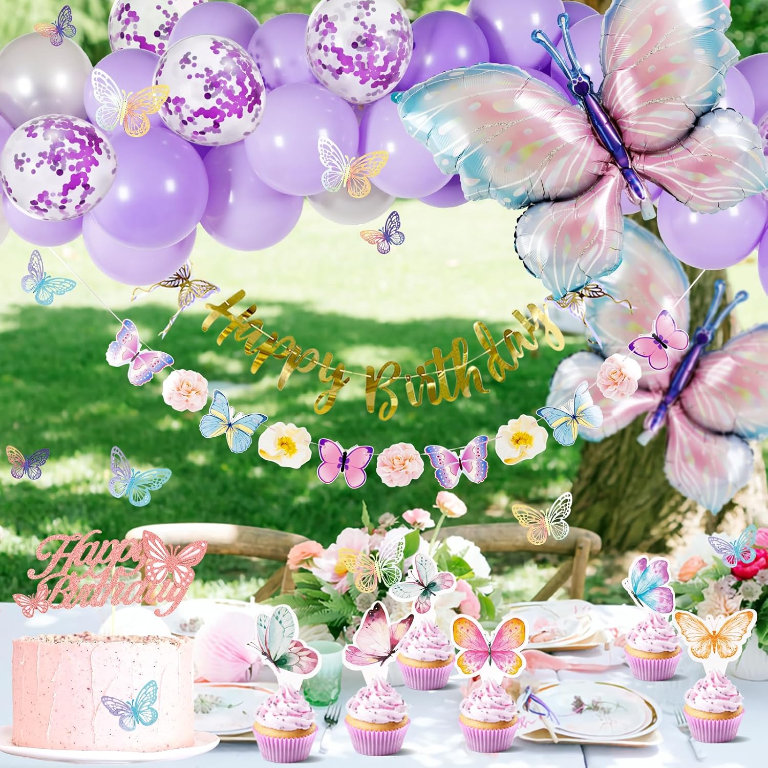 Butterfly Birthday Decorations - Purple Party Supplies with Balloons & Happy Birthday Banner
