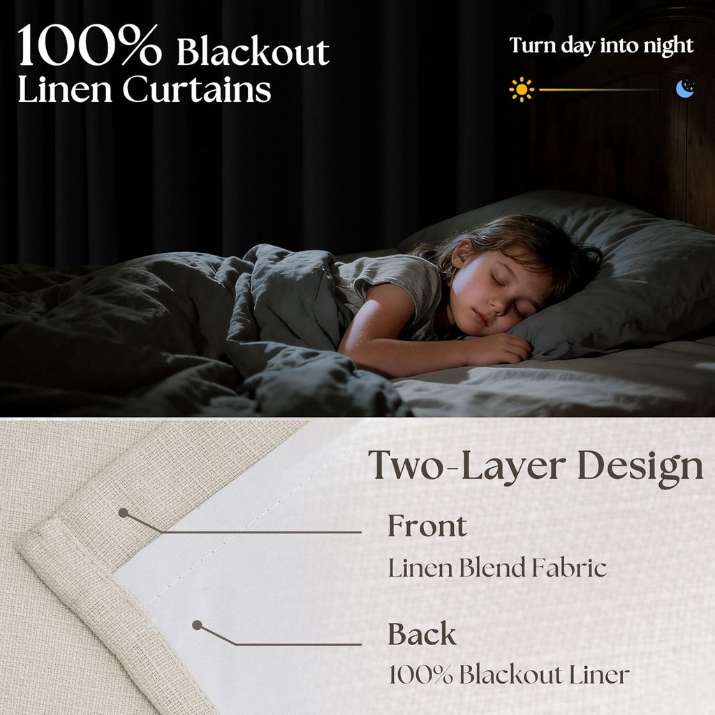 Skiennix 100% Blackout Linen Curtains - Pinch Pleat Design | 96 Inch Length, Cream Ivory Color, 2 Panels