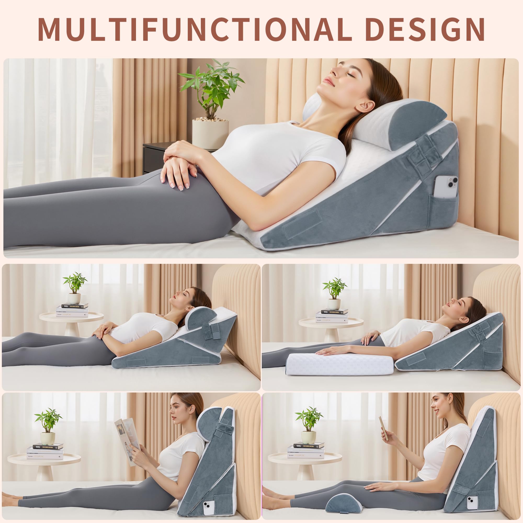 VMFKPNR 3PCS Bed Wedge Pillow Set for After Surgery, 9&12inch Orthopedic Memory Foam Adjustable Pillow Wedge for Acid Reflux Relief, Back Pain, Neck&Back Support