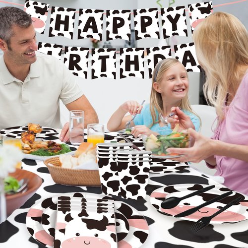 Sveikie 177pcs Cow Theme Birthday Party Decorations Set -cow party cow print plates and napkins, paper cup, Tablecloth, Banner, Black plastic silverware Serves 30