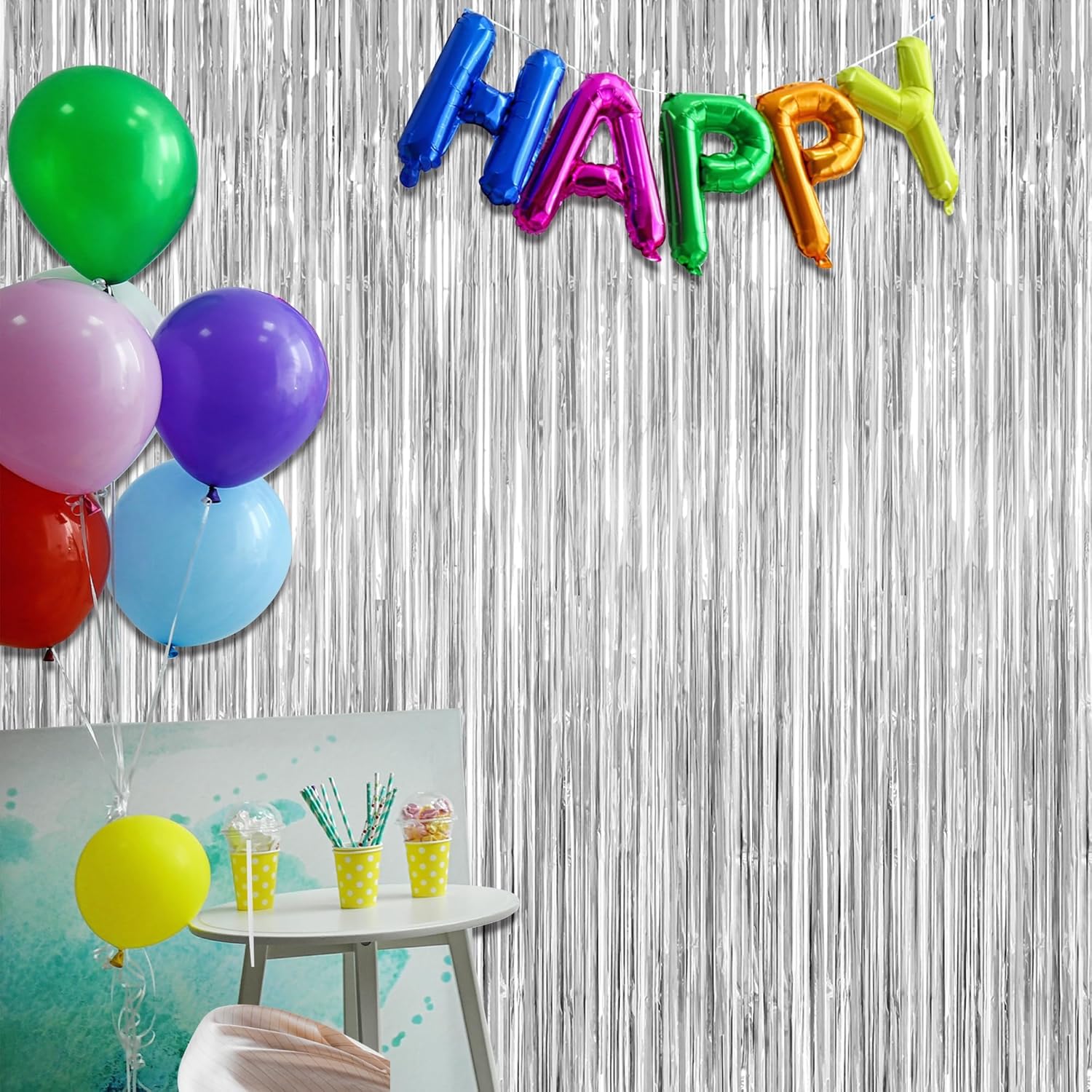 Skiennix 4 Pack Metallic Silver Party Decorations - Tinsel Backdrop & Photo Booth Props for 21st Birthday & Bachelorette Celebrations