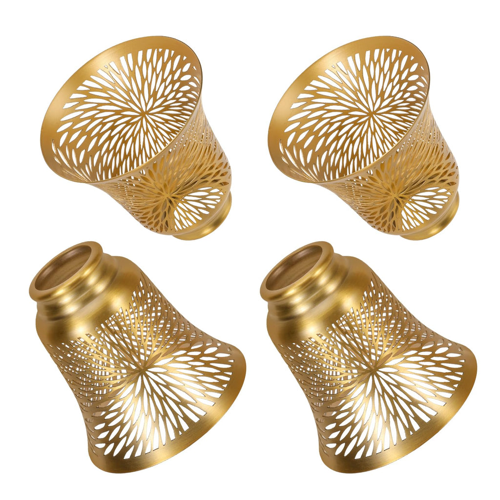 Ceiling Fan Replacement Globes, 4 Pack Chrysanthemum Pattern Fixture Replacement Globes Shades with 1-5/8" Fitter, ALUCSET 4.5" Height 4-3/4" Diameter, Metal Cover for Pendant Lamp-Yellow Brass&Gold