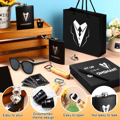 Layhit 80 Pcs Groomsmen Gifts Set of 8, Groomsmen Proposal Gift Set, 8 Flask and 16 Stainless Steel Shot Glass 8 Wood Bottle Opener 8 Pen 8 Sunglasses with 8 Card 8 Box 8 Bag for Wedding Party