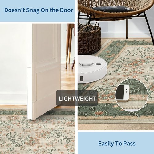GarveeHome 5x7 Christmas Area Rug Sage Green Washable Rugs for Living Room Bedroom, Soft Low Pile Non Slip French Country Floor Mat Botanical Floral Print Throw Rug Indoor Carpet Dining Room Playroom