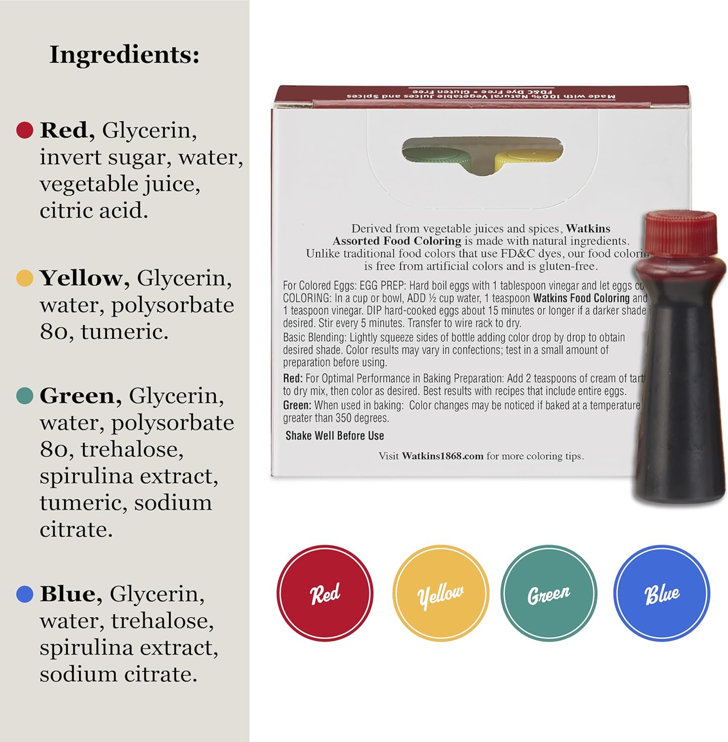 Watkins Food Coloring Set - Assorted Red, Yellow, Green & Blue | 4 x 0.3 oz Bottles