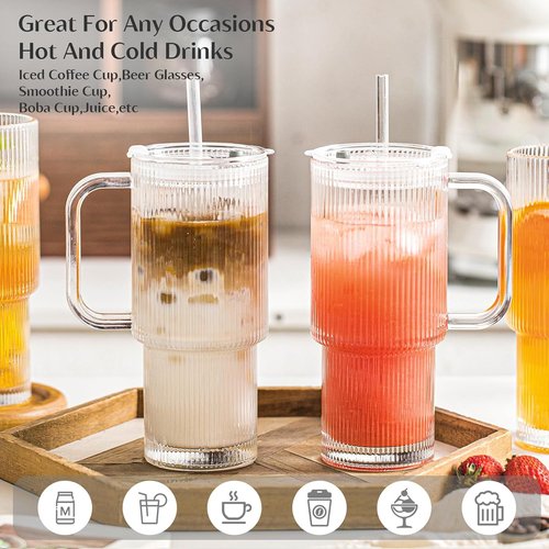 INSETLAN 24oz Glass Tumbler Set - Ribbed Design with Handle & Lid | Perfect for Iced Coffee, Smoothies & More