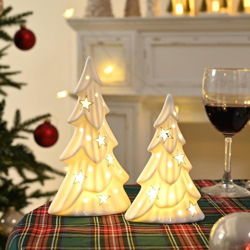 AOMOONOA Ceramic White Christmas Trees - Light Up Tabletop Porcelain Xmas Tree Figurines | 2-Piece Set