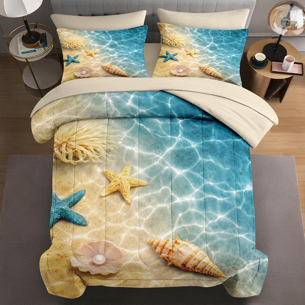 WeCozy 7 Pcs Queen Size Comforter Set with 2 Pillowcases & 2 Shams, Summer Beach Seashell Bedding for Kids and Adults, Blue Ocean Sea Shell Bed in a Bag with Flat Fitted Sheet