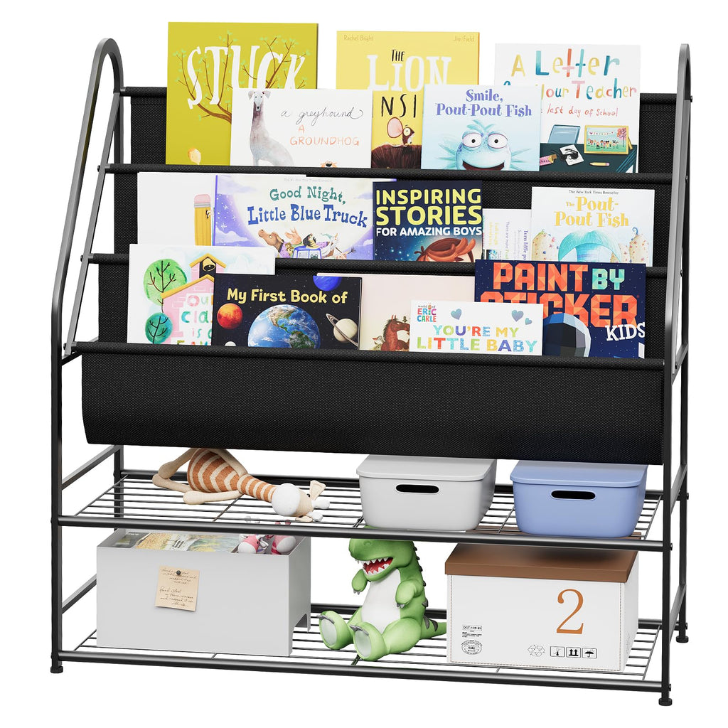aboxoo Kids Bookshelf Freestanding Bookcase for Living Room, 32 in Book Shelves with 4 Deep Pockets Book Organizer Large Stable Book Unit Storage for Bookstore Library Living Room,Black