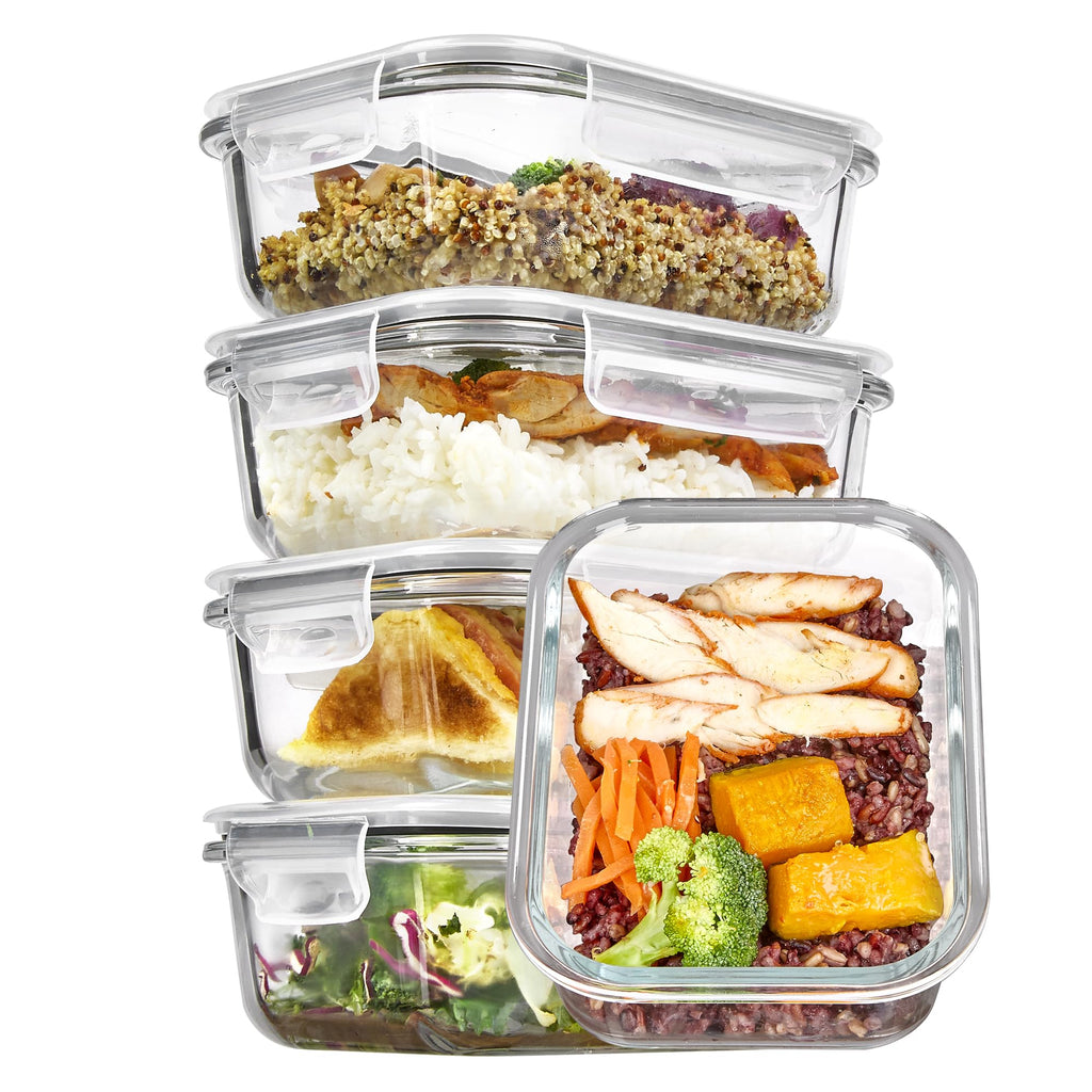 Vtopmart 5Pack 22oz Glass Storage Containers with Lids, Glass Meal Prep Food Container Sets with Snap Airtight Lid for Microwave, Oven, Freezer and Dishwasher, Grey