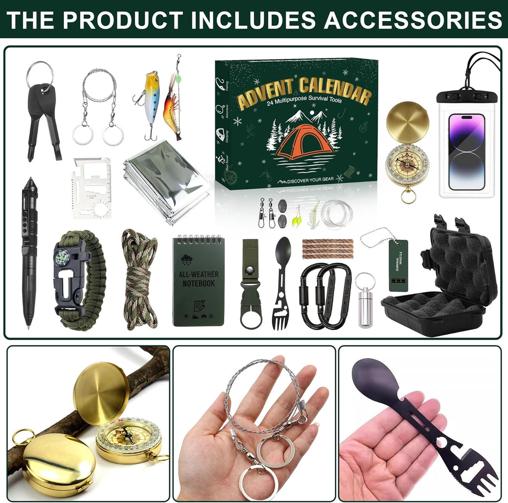 Survival Kit Advent Calendar 2025 - 24 Days of Essential Camping, Fishing & Hiking Tools | Perfect Xmas Gifts for Outdoor Enthusiasts