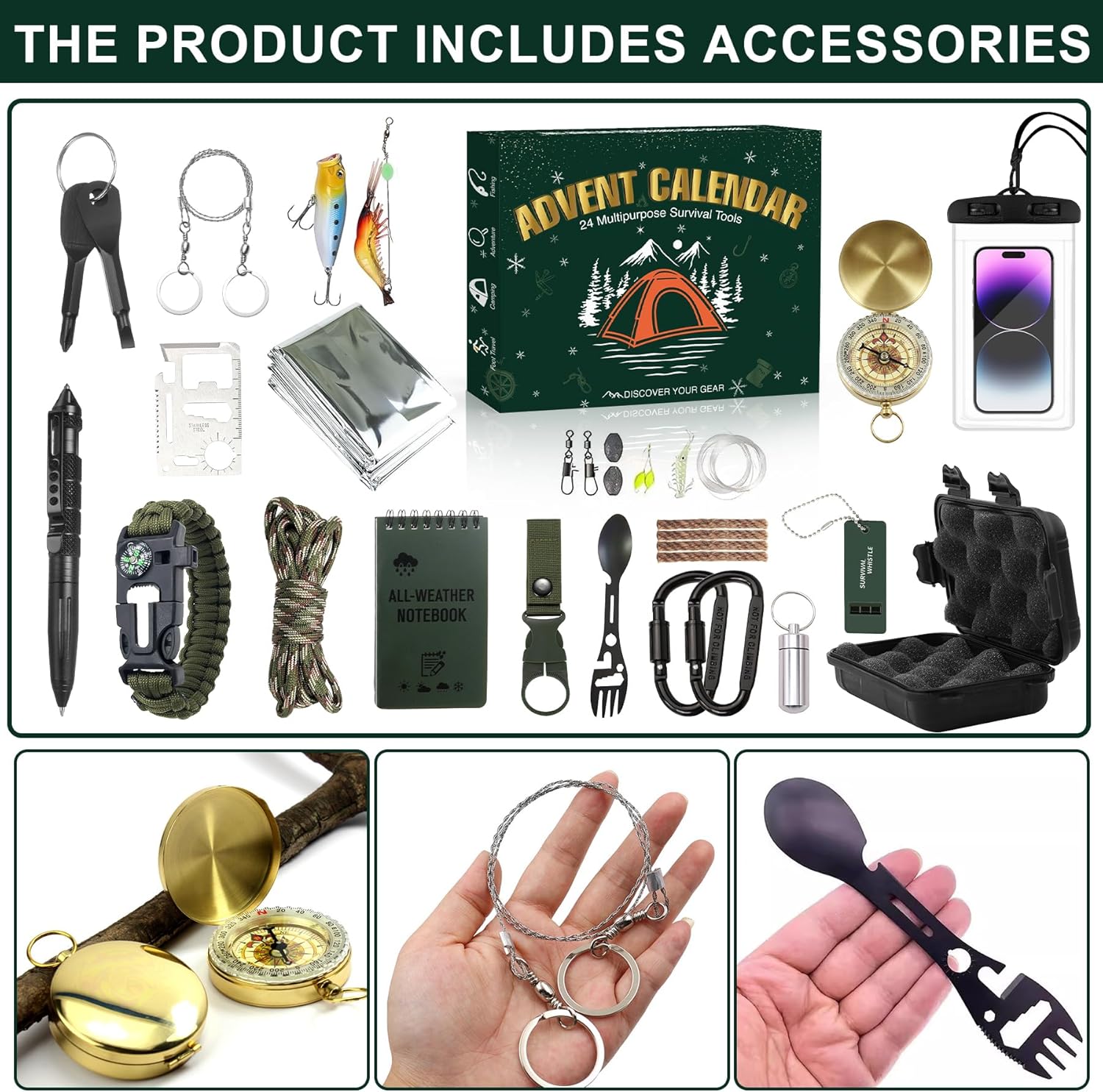 Survival Kit Advent Calendar 2025 - 24 Days of Essential Camping, Fishing & Hiking Tools | Perfect Xmas Gifts for Outdoor Enthusiasts