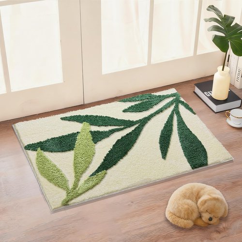 Green Bathroom Rug, Sage Green Leaves Rug, Soft Water Absorbent Non-Slip Washable Bath Mat for Bathroom, Tub and Floor, Botanical Shower Decor Carpet & Doormat, 18"x26"