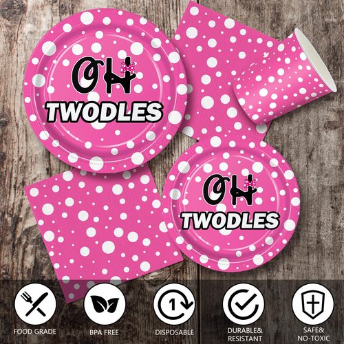 168pcs Oh Twodles Birthday Party Supplies Girl Pink Cartoon 2nd Plates Napkins Disposable Paper Cups Oh Twodles Tableware Set Two Years Old Party Decorations for Kids Girls Birthday Decor Serve 24
