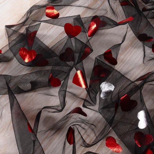 MLMC Heart Valentine's Day Table Runner Black Glitter Gauze Table Runner 120 Inch 10 FT Sheer Metallic Foil Seasonal Centerpiece for Wedding Anniversary Romantic Dinner Table Decor
