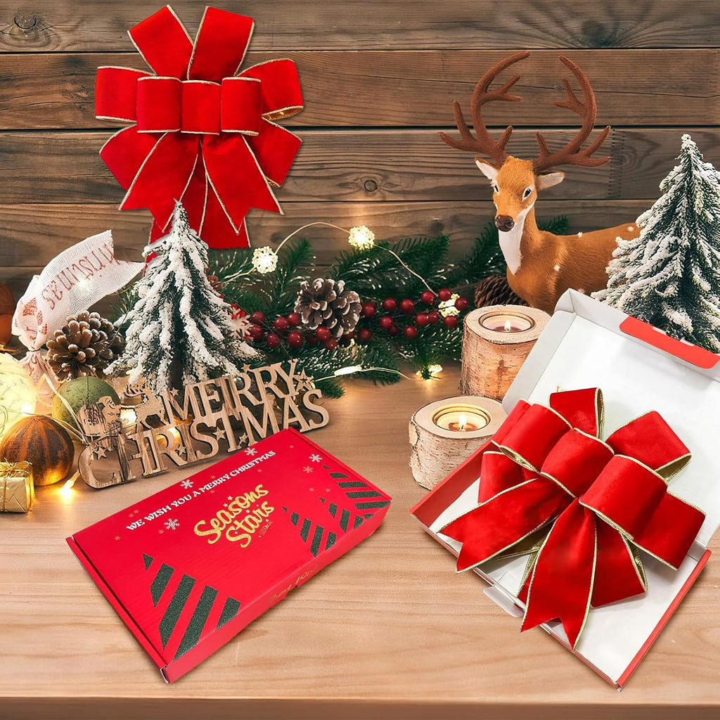 Red Velvet Christmas Bows - Gold Wired Decorative Bows for Wreaths, Trees & Outdoor Use | Gift Box Included