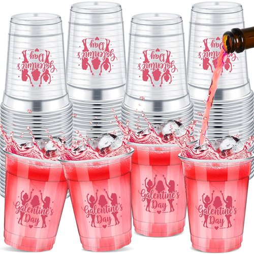 Willinglong 36 Pcs Galentine's Day Disposable Plastic Cups 12oz Clear Valentine's Day Galentine Theme Drinking Cups for Women Valentine Party Favor Supplies