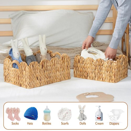 FairyHaus Wicker Storage Baskets - Handwoven Scalloped Design with Handles | 2-Pack, Natural Water Hyacinth, Large & Small