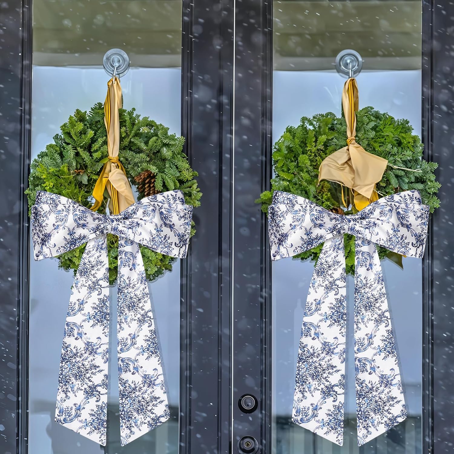 Skiennix Chinoiserie Monogram Satin Wreath - Elegant Blue & White Floral Door Decor | 2-Piece Set