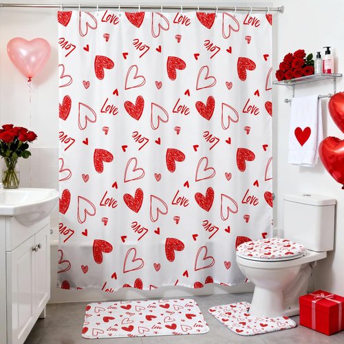 Lindameler 4Pcs Valentines Shower Curtain Set, Sweet Love Red Heart Shower Curtain with Non-Slip Washable Bath Rugs, Toilet Lid Cover Red Heart Valentines Bathroom Decor Accessory Set 72X72 Inch