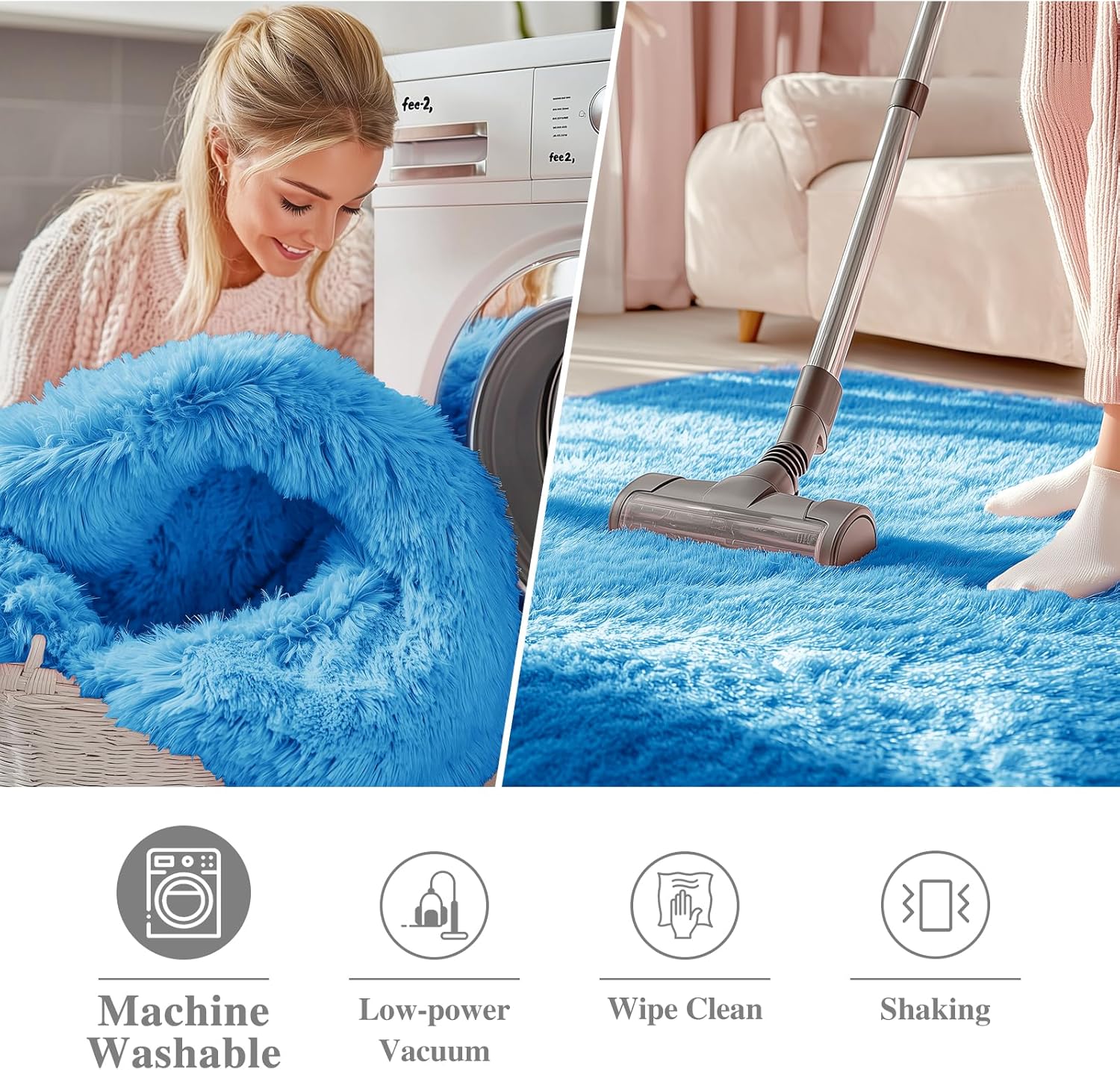 OLANLY Bright Blue Round Rug - Soft, Fluffy, Machine Washable 8 ft Circle Area Rug for Bedroom & Living Room Decor