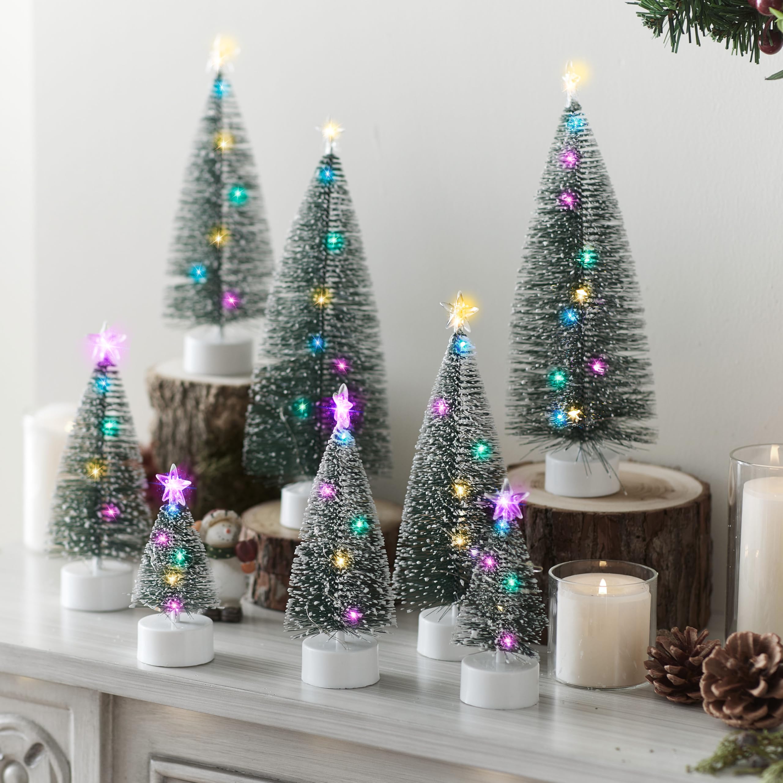 JOYIN 8 Pcs Mini Xmas Tree with LED Lights, Prelit Classic Small Christmas Decor in 4 Sizes with Star Topper, Tabletop Artificial Tree with Snow for Xmas Indoor Home Decor Holiday Festive (Green)