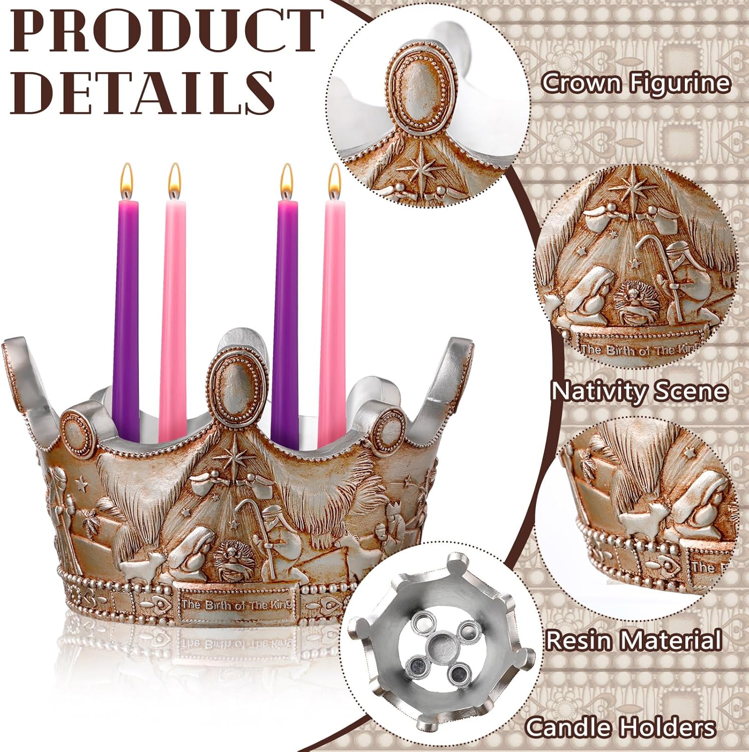 Nativity Advent Candle Holder - 9.4 Inch Resin Christmas Wreath Centerpiece | Holy Family Design