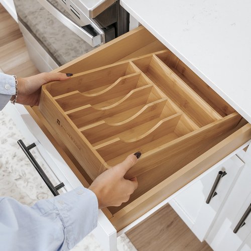KitchenEdge Silverware Organizer - Cutlery, Flatware, and Utensil Holder for Kitchen Drawers, Fixed 10.5” Width, 7 Storage Compartments, Non-Slip Feet, Rounded Corners, 100% Bamboo