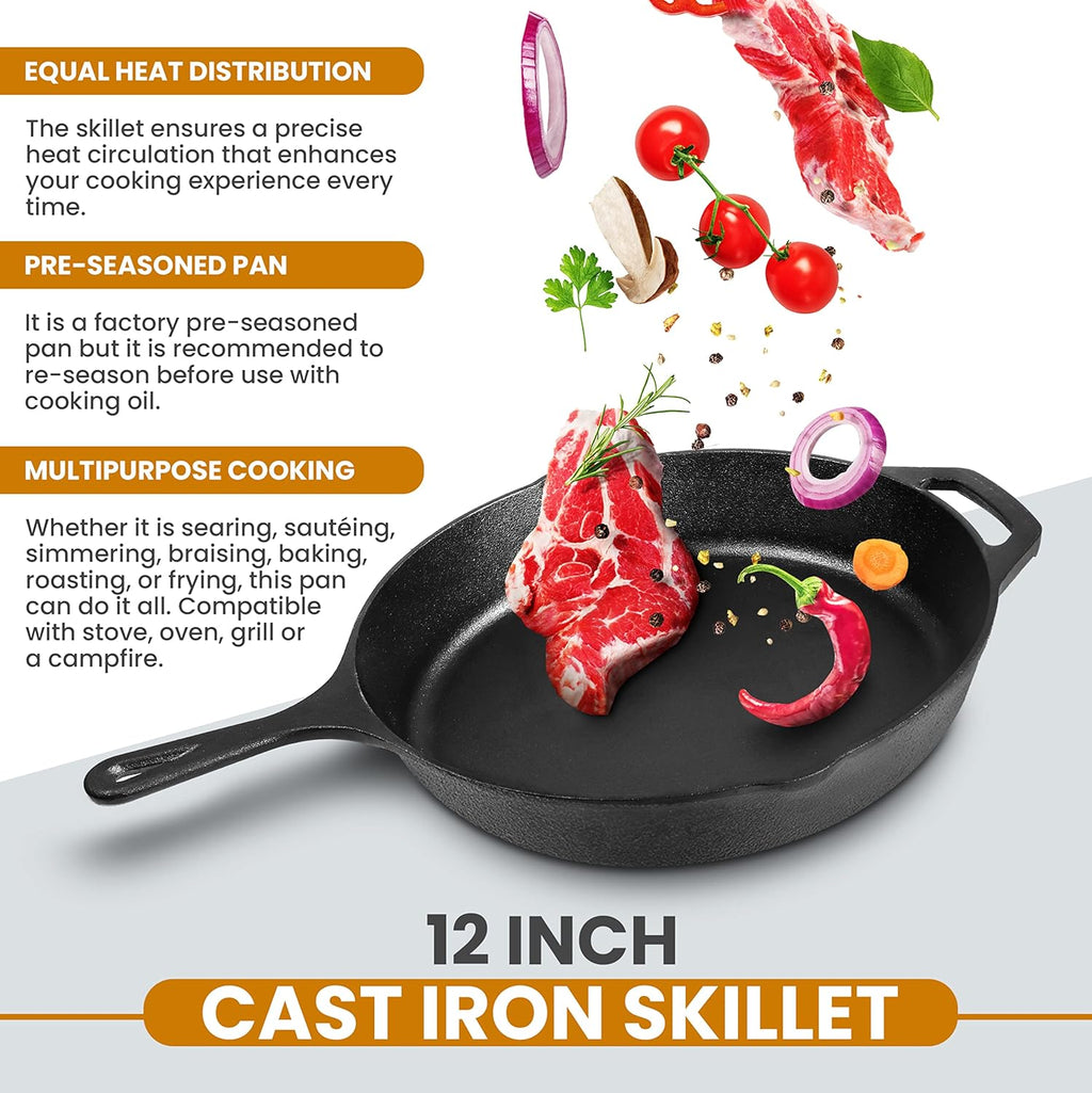 Utopia Kitchen 12-Inch Cast Iron Frying Pan - Pre-Seasoned Skillet with Lid for Indoor & Outdoor Cooking