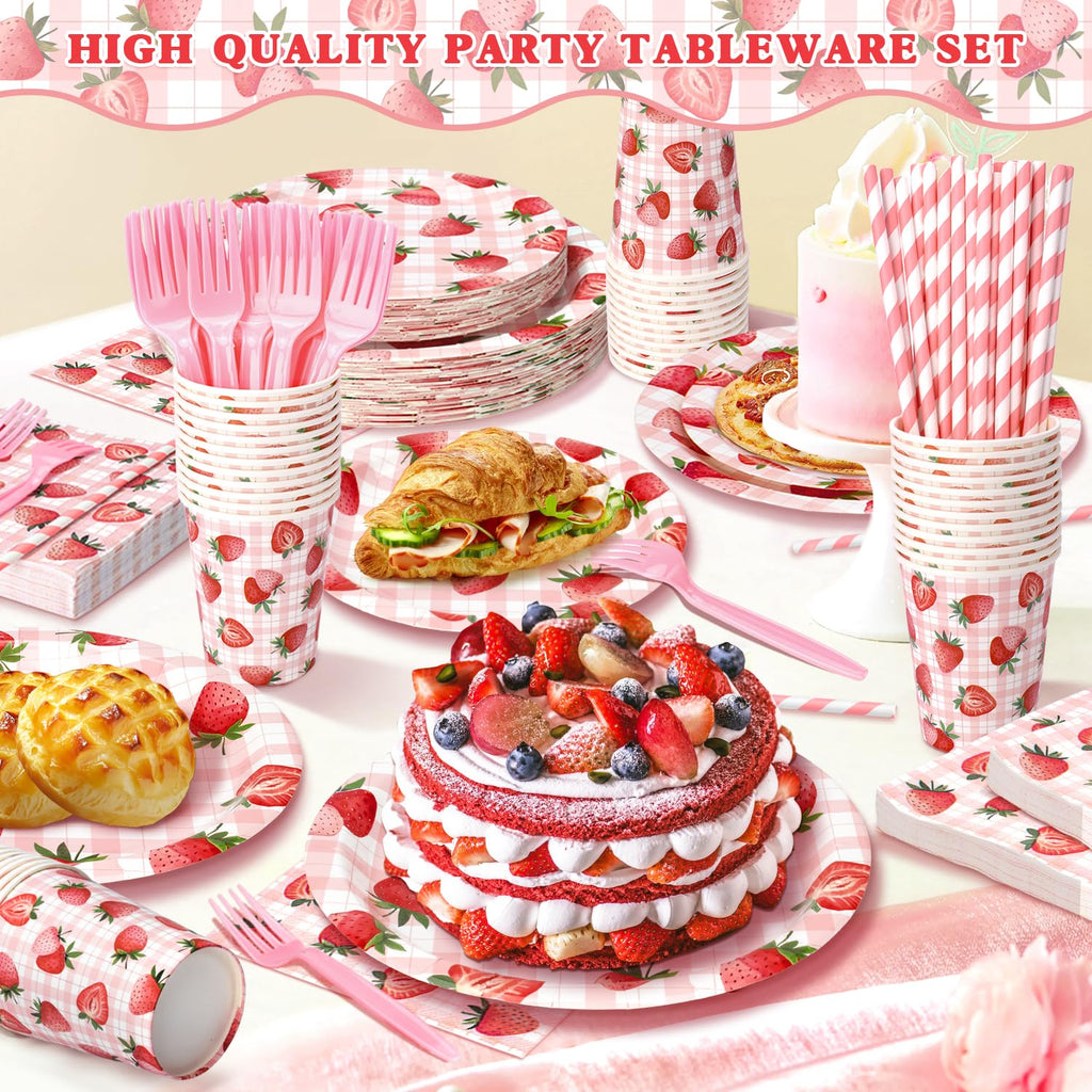 144 Pcs Strawberry Plates and Napkins Tableware Set, Plates Napkins Cups Straws and Forks Sets, Strawberry Party Birthday Supplies, Shortcake Birthday Decorations, Serves 24 Guests