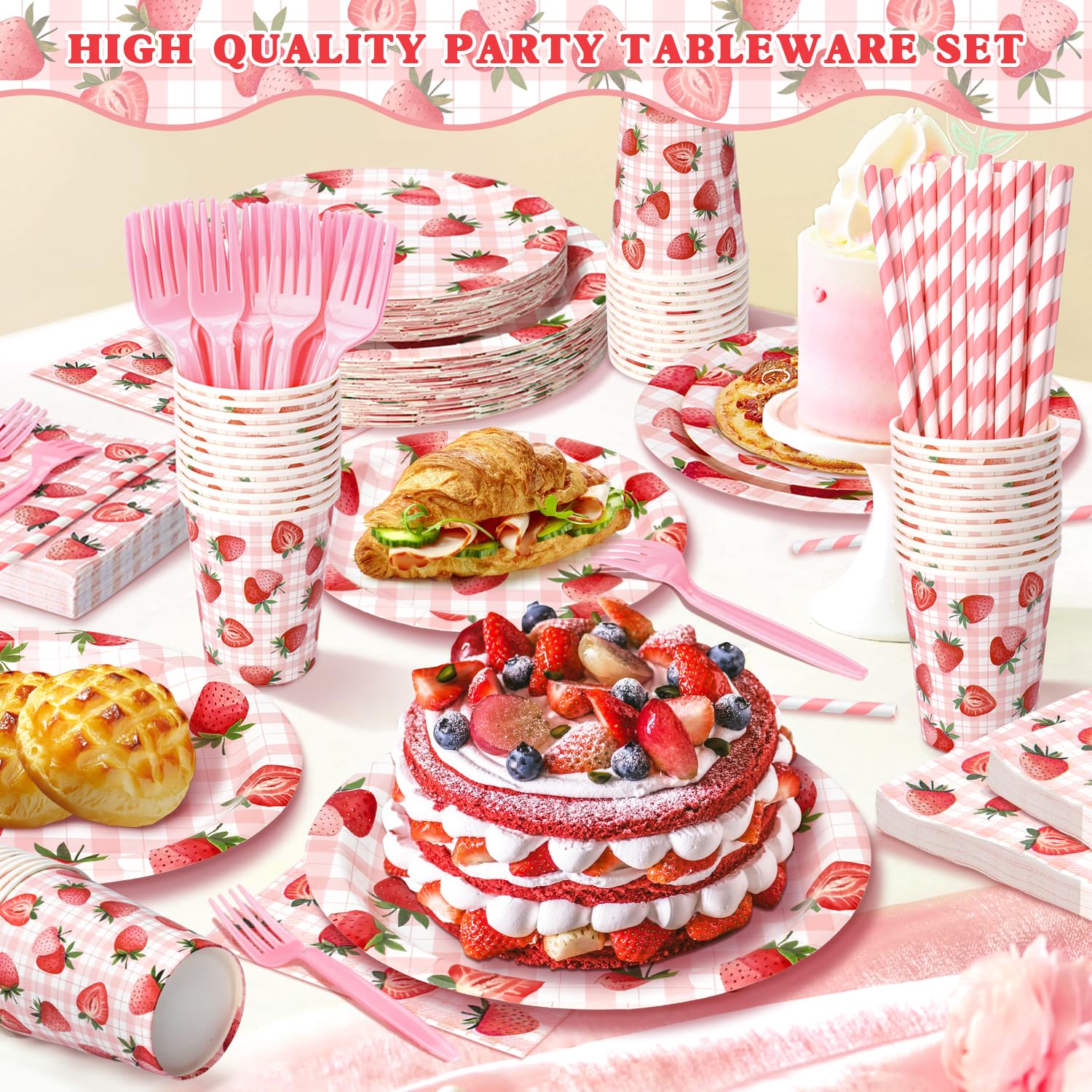 144 Pcs Strawberry Plates and Napkins Tableware Set, Plates Napkins Cups Straws and Forks Sets, Strawberry Party Birthday Supplies, Shortcake Birthday Decorations, Serves 24 Guests