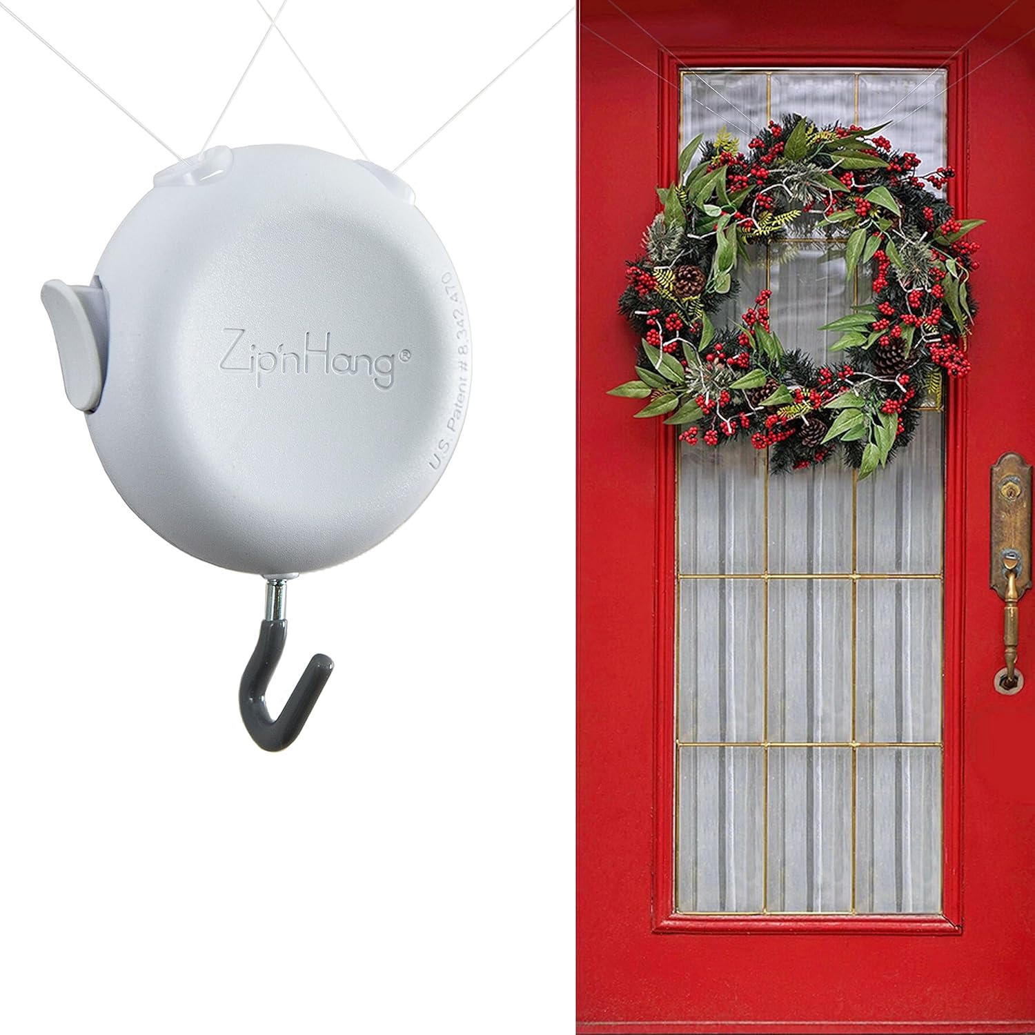 Zip 'n Hang Wreath Hanger - Damage-Free Adjustable Door Hook for Christmas Decor | Fits Glass & Screen Doors