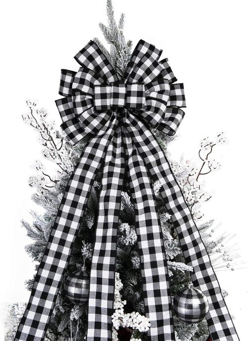Christmas Checked Tree Topper - Large 48x13 Inch Black and White Plaid Decorative Bow