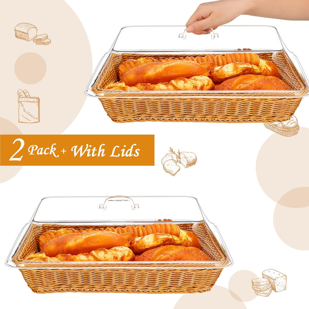 Mumufy 2 Pack Wicker Large Bread Basket with Acrylic Lid Housewarming Gift Woven Rectangular Imitation Rattan Fruit Basket with Cover for Serving Food Display Tabletop Home Kitchen(17.72x13.78'')