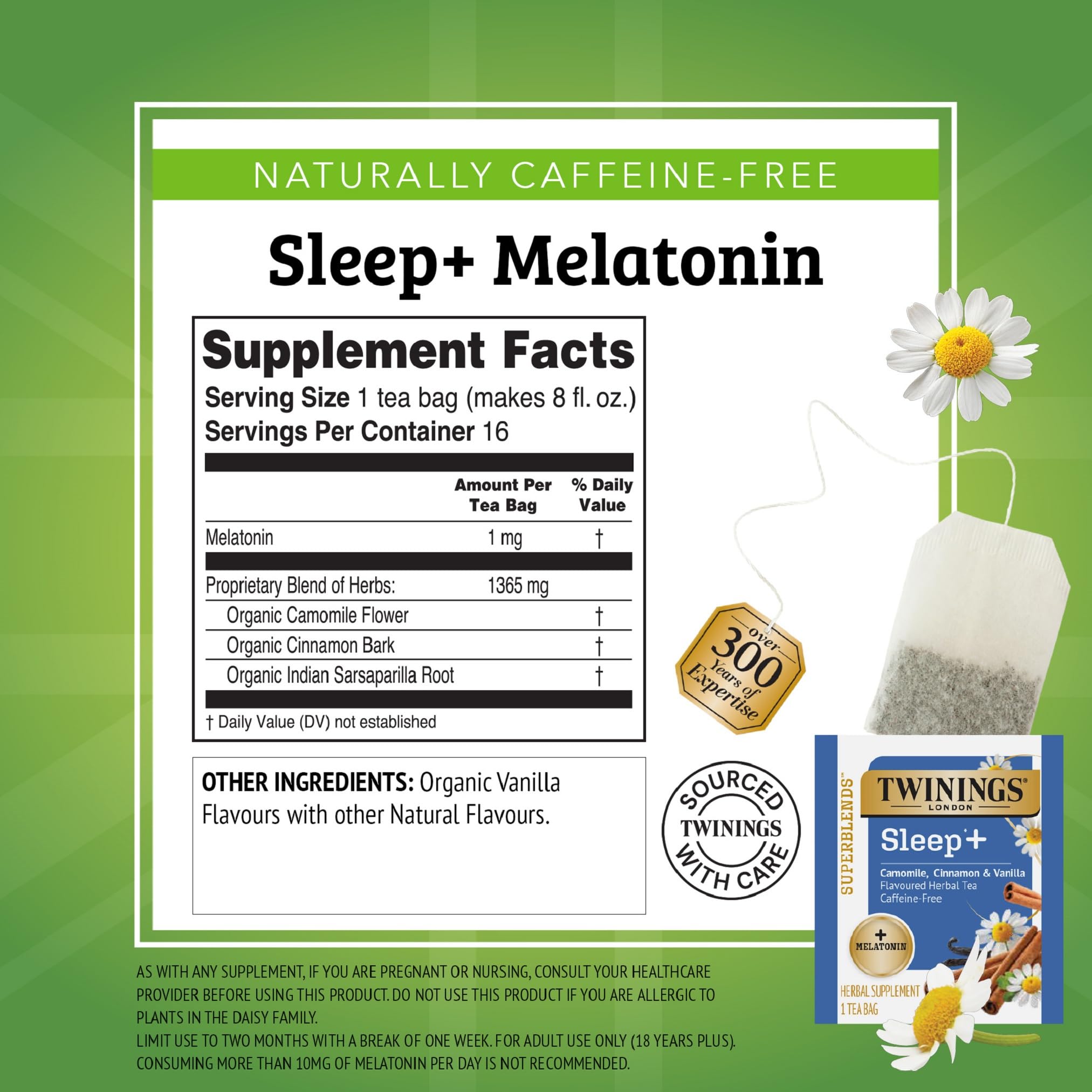 Twinings Superblends Sleep+ Herbal Tea with 1mg Melatonin, Camomile, Cinnamon & Vanilla, Naturally Caffeine-Free, 16 Tea Bags (Pack of 6), 96 Teabags