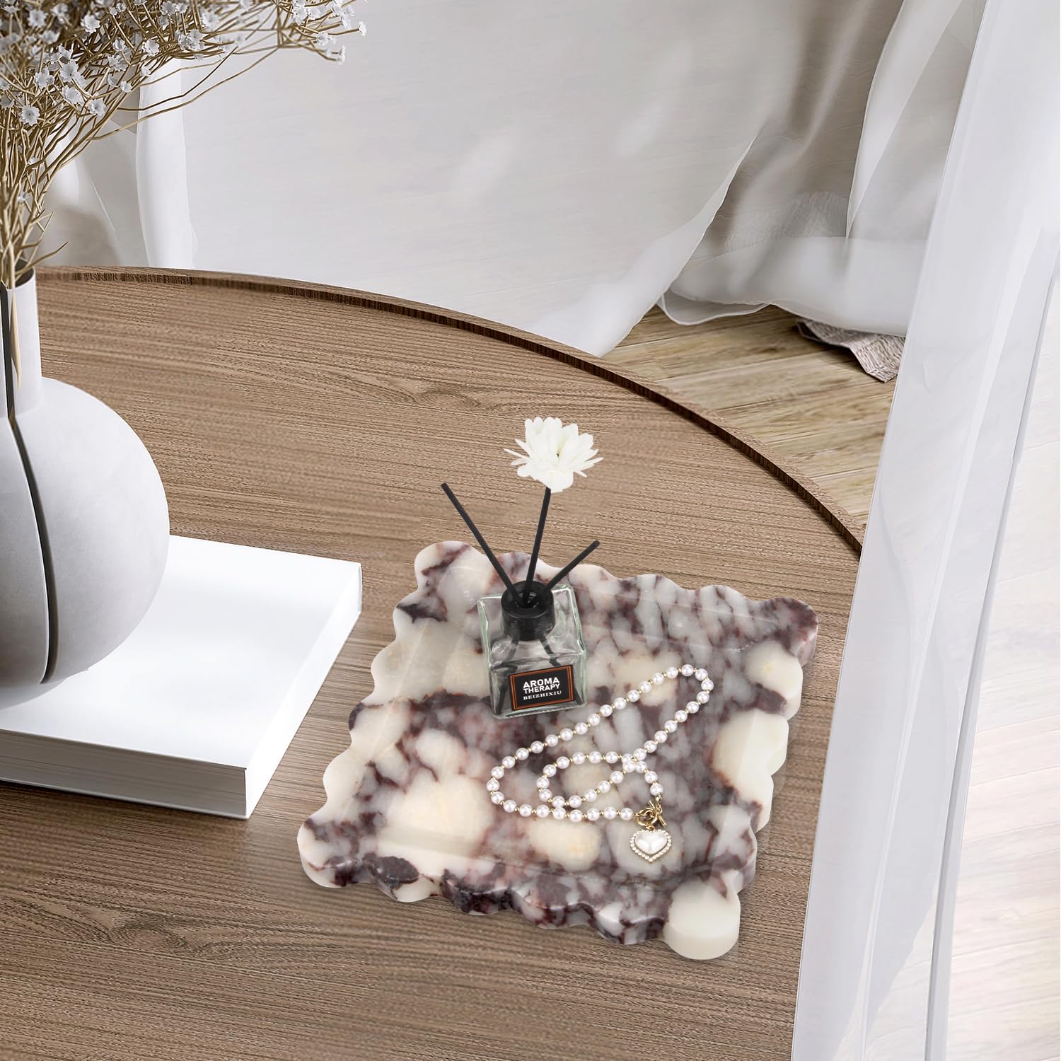 Square Marble Decorative Tray with Scalloped Edge,Luxury Natural Calcutta Stone Bathroom Vanity Tray, Dresser Top Perfume Coffee Home Sink Tray, Key Trinket Ring (Turkey Calacatta Viola, 8 * 8)