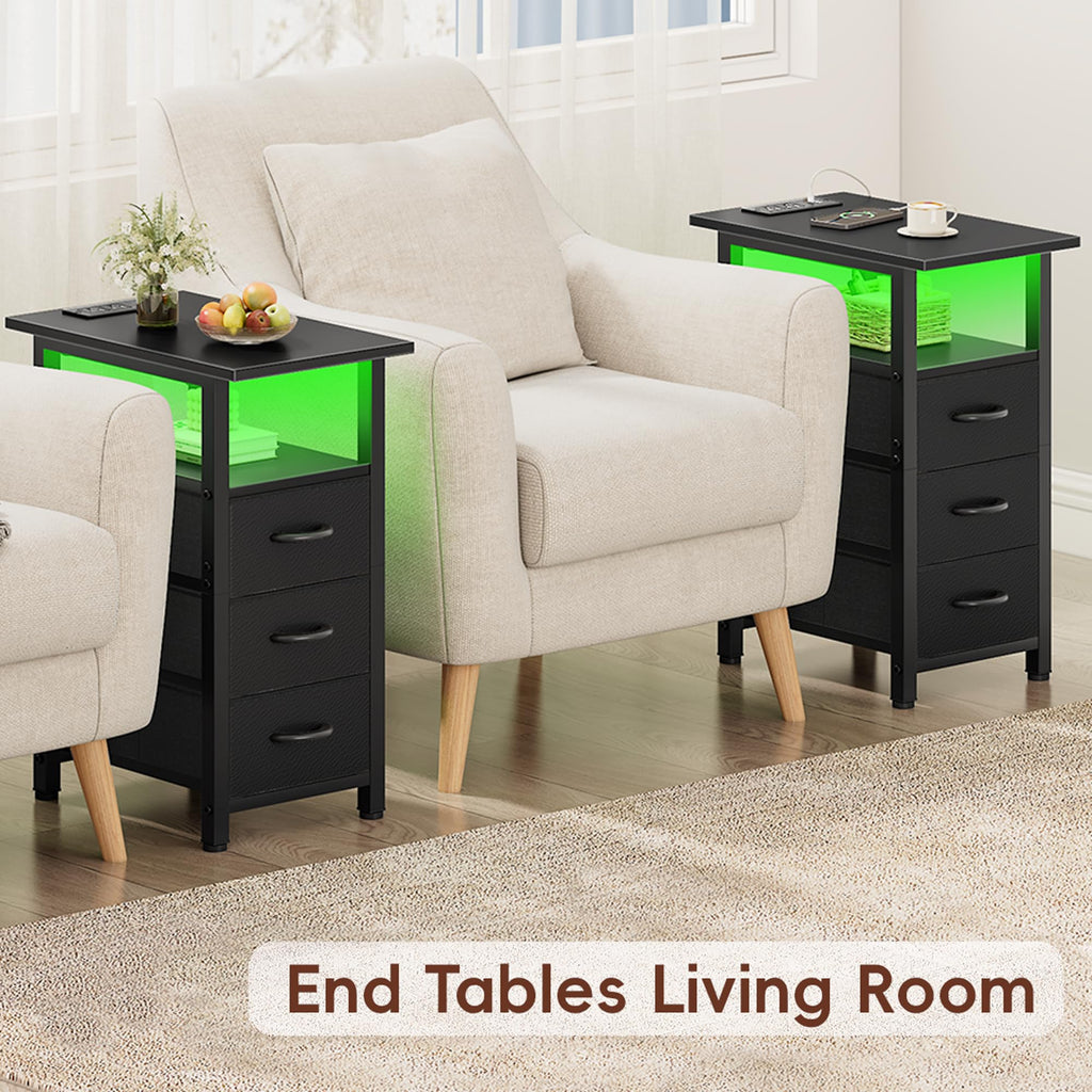 Vagusicc Black Nightstand with Charging Station and LED Lights, Narrow End Table, LED Nightstand with 3 Fabric Drawers for Bedroom, Small Night Stand, Narrow Side Table for Small Spaces, Black