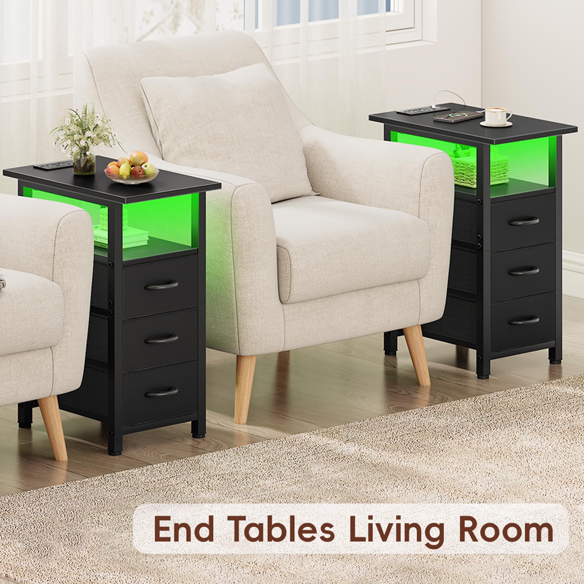 Vagusicc Black Nightstand with Charging Station and LED Lights, Narrow End Table, LED Nightstand with 3 Fabric Drawers for Bedroom, Small Night Stand, Narrow Side Table for Small Spaces, Black