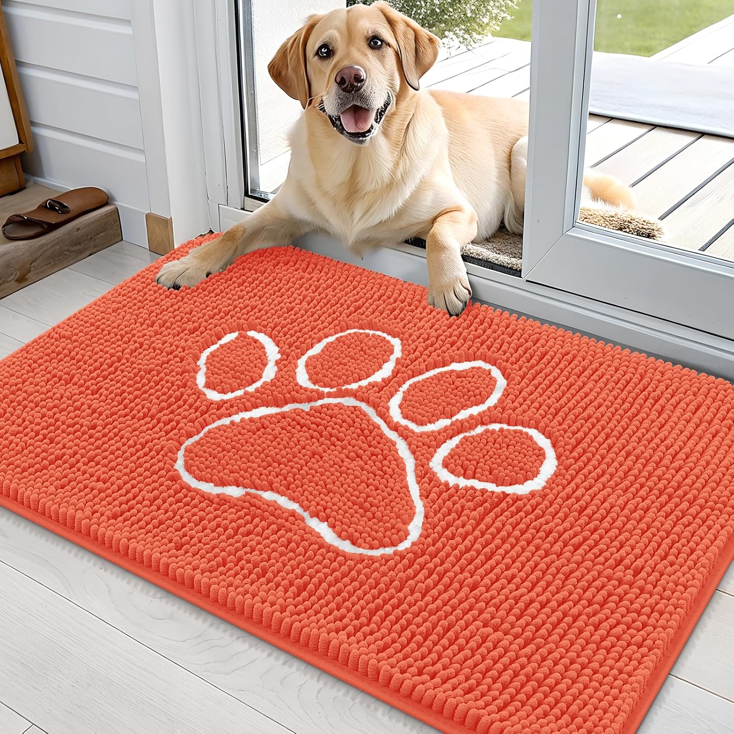 OLANLY Dog Door Mat - Absorbent Non-Slip Muddy Paws Doormat | 36x24 Coral Chenille Design