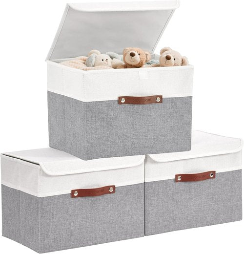 DECOMOMO Fabric Storage Bins - Stylish Grey & White Baskets with Lids | 3-Pack for Organized Shelves