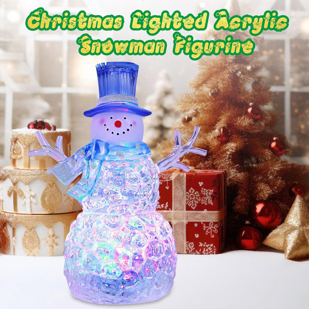 Snowman Christmas Decoration - LED Lighted Figurine with 6-Hour Timer | Battery Operated Acrylic Snowman (Blue Hat)