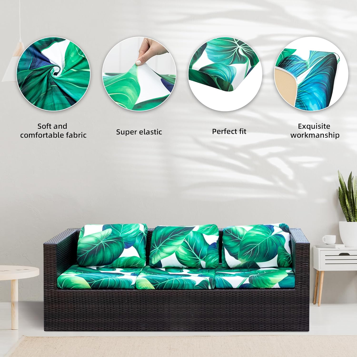 Skiennix 8-Piece Stretch Patio Cushion Covers - Washable Green Leaf Slipcovers for Outdoor Furniture