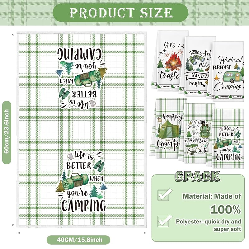 Camping Kitchen Towels 6 Pcs with Hanging Loop - Green Tent Design